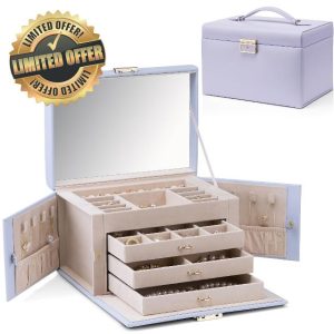 Vlando Large Jewellery Box for Women Lockable Jewellery Boxes with 3 Drawers Jewelry Storage Earrings