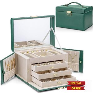 Vlando Large Jewellery Box for Women Lockable Jewellery Boxes with 3 Drawers Jewelry Storage Earrings