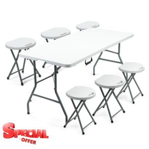 Crystals 5FT White Folding Trestle Table with 6 Foldable Stools - Durable Plastic Table Set for Camping
