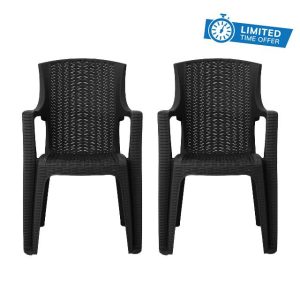 simpa Stackable High Back Plastic Rattan Effect Garden Chairs - Graphite Set of 2