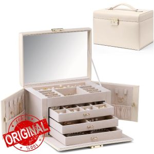 Vlando Large Jewellery Box for Women Lockable Jewellery Boxes with 3 Drawers Jewelry Storage Earrings