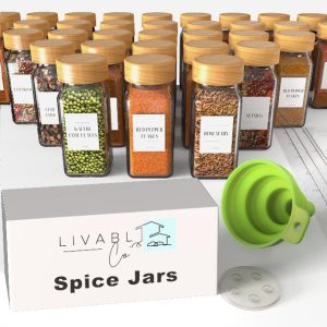 Livabl Bamboo Spice Jars with lids and Labels (120ml 12 pack) Glass Storage Jars with Bamboo Lids