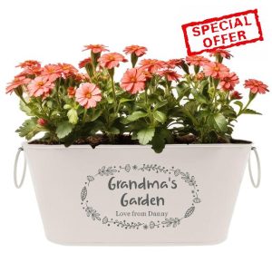 EDSG Personalised Plant Pot Engraved Metal Flower Pot Planter Garden Plant Pots Outdoor with Rings Gardening Gifts for Women Her Nanny Railing Balcony Anniversary Wedding Birthday(White