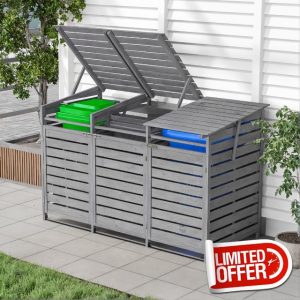 Warmiehomy Wheelie Bin Storage Triple Wheelie Bin Hideaways Outdoor 3 Bins Shed Wooden Wheelie Bins Storage Garden Large Garbage Store 198cm x 86cm x 122.5cm