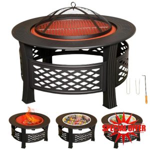 80x58cm Black Steel Garden Patio Firepit Heater BBQ with Waterproof Cover