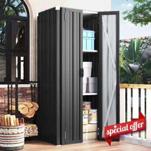 UNIONLINE Outdoor Tall Garden Storage Box | Garden Cupboard & Cabinet | 3 Adjustable Shelves | Metal Garage Storage| 177x55.6x76cm| Grey
