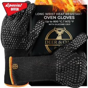 Deer & Oak Long Wrist Heat Resistant Oven Gloves 2 Pairs - Up to 800°C / 1472°F Heatproof BBQ Gloves with Silicone Grip