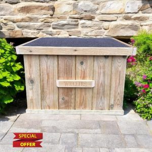 Outdoor Welly Shoe Boot Box. Large Fully Assembled Wooden Outdoor Treated Garden Storage Box. Waterproof doorstep store for footwear storage