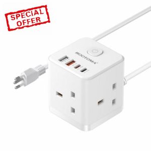 UK to Swiss Plug Adapter with 1.5M Extension Cable 3 Way 4 Fast Charging USB (QC3.0/PD20W) Compact Cube Travel Adapters for UK to Switzerland