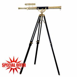Vintage Marine Brass Telescope Shiny Finish Single Barrel Wooden Adjustable Floor Standing Tripod Nautical Black Leather Home & Office Decor.