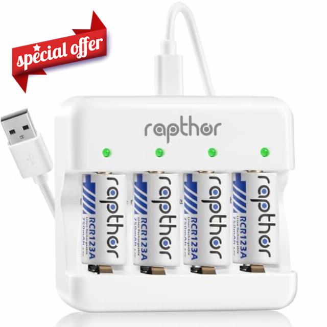Rapthor 3.7V 750mAh Rechargeable Batteries 4 Pack and Charger Compatible with Arlo Wireless Security Cameras VMC3030 VMK3200 VMS3330 3430 3530
