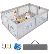 GYMAX Baby Playpen, 206 x 147cm Large Toddler Fence Play Yard with 50 Ocean Balls, Suction Cups, ...