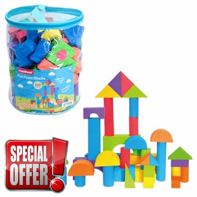 Daniel James Foam Building Blocks – 100pc Non-Toxic Soft Blocks Play Set for Kids & Toddlers - Lightweight & Durable Stacking Construction Blocks Toy for Boys & Girls with Reusable Bag - 18+ months