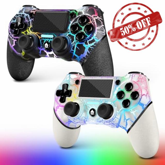 AceGamer 2 Pack Wireless Controller for PS4,Game Controller for PS4/Pro/Slim/PC,Gamepad Joystick with Turbo/Back Button/Dual Vibration/6-Axis Gyro Sensor/Touch Panel (White and Black Crack)