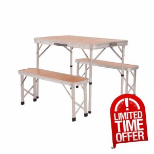 Oypla 3ft Folding Outdoor Camping Kitchen Wood Effect Work Top Table and Benches
