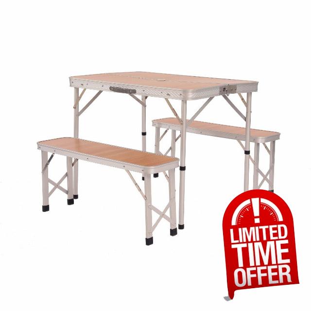 Oypla 3ft Folding Outdoor Camping Kitchen Wood Effect Work Top Table and Benches