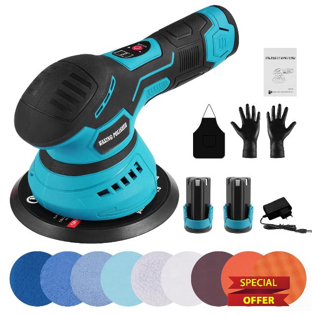 Cordless Buffer Polisher - 6 inch Car Polisher with 2pcs 21V 2000mAh Lithium Battery and 13 PCS Attachments