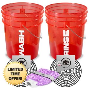 5pc Detailing Car Wash Bucket Set With Wash Guards for Scratch Free Car Cleaning. Includes Microfibre Washmitt. (Red)