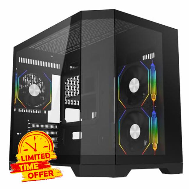 CiT Mars Dual Chamber Panoramic Three-Sided Tempered Glass Micro-ATX PC Computer Case With 3 x 120mm CiT Eclipse Infinity PWM ARGB Fans & 6-Port PWM Fan Hub Included