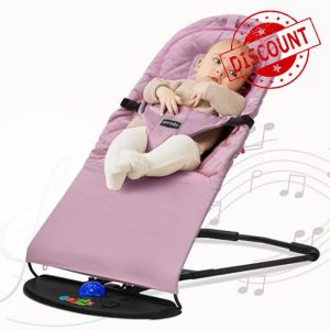 FK Sports Baby Bouncer Swing Chair Baby Rocker Adjustable for Newborn Kids with 3 Recline Position from Birth to 6 Months Soft Material Padded Neckrest Non-Slip Elements with Light and Music (Pink)