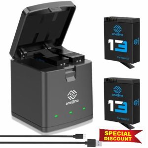 Anegine Hero 13 Battery 2100mAh and LED 3-Slot Storage Charger for GoPro Hero 13 Black Enduro Rechargeable Battery with Type-C PD3.0 PD2.0 (2-Pack)