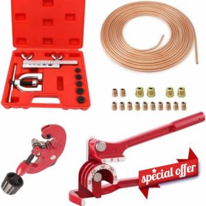 Brake Pipe Flaring Tool Set + 3 in 1 Tubing Bender + 3/16"x 25ft/7.6m Brake Line with 16 Fittings + 1 Tube Cutter