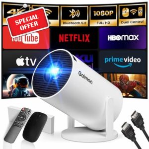 2025 Mini Projector 1080P FHD 4K Support Smart Projector with Mouse Portable Projector with WiFi and Bluetooth 180° Adjustable Auto Keystone HDMI/TV Stick/USB/PS5/Laptop
