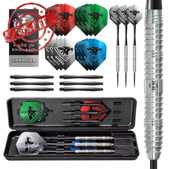 Harrows Sabre 90% Tungsten Steel Tip Darts Set I 21g to 26g All Weights Available I Huge 24pcs Bundle with Spare Shafts