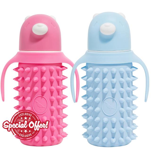 Tabor Place Glass Sippy Cup for Toddlers - Set of 2 Spikeys/ 1 Pink & 1 Blue / 8oz / Super Strong glass/Leakproof straw/Protective Silicone sleeve (8 oz