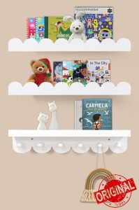 Iswabard Floating Nursery Book Shelves with Hooks-Scalloped Wall Book Shelves for Bedroom Kids Set of 3