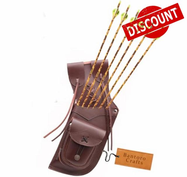 Bantoro Crafts Brown Leather Traditional Leather Left Side Waist Archery Quiver Arrows Holder Waist/Hip Hanging Shooting Hunting Shoulder Belt Bag bow