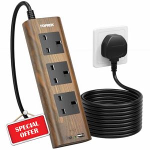 TOPREK Wood Grain 3 Way Extension Lead with USB Slots