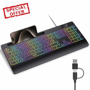 Seenda KOE200 Wired RGB Backlit Keyboard with Phone Holder and Palm Support for Windows and Mac OS Systems