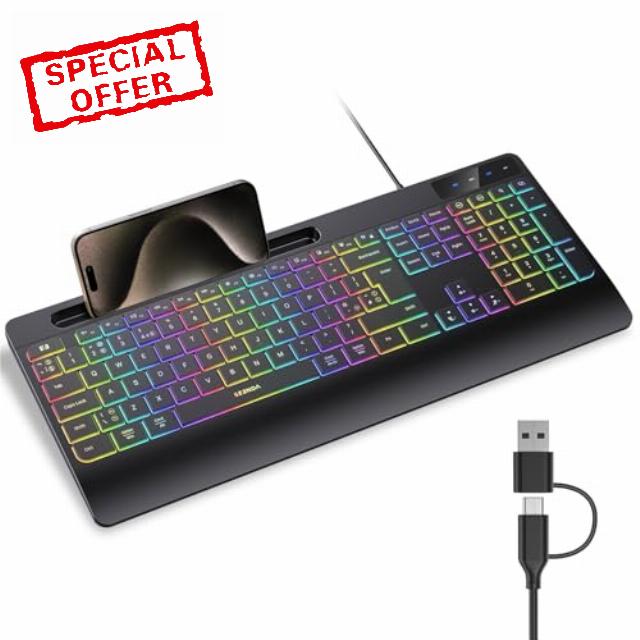 Seenda KOE200 Wired RGB Backlit Keyboard with Phone Holder and Palm Support for Windows and Mac OS Systems