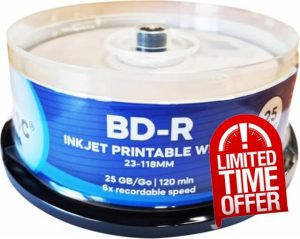 ACU-DISC Pro-Series BD-R 25GB 6x HTL Full Face White Inkjet Printable Single Layer Recordable Blank Data Blu-Ray Discs 130 Minutes Cake Box/Spindle 8186 - 50 Pack