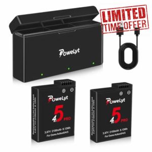 PoweLyt Osmo Action 5 Pro/4/3 Battery Charger Kit 2-Pack 2100mAh Osmo Action 5 Pro Batteries and 3-Channel Fast Charger Hub Compatible with DJI Osmo Action 5 Pro