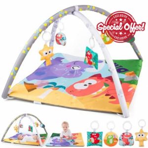 Soft Square Baby Play Mat with Foam Arches & Sensory Toys - Play Gym for Tummy Time