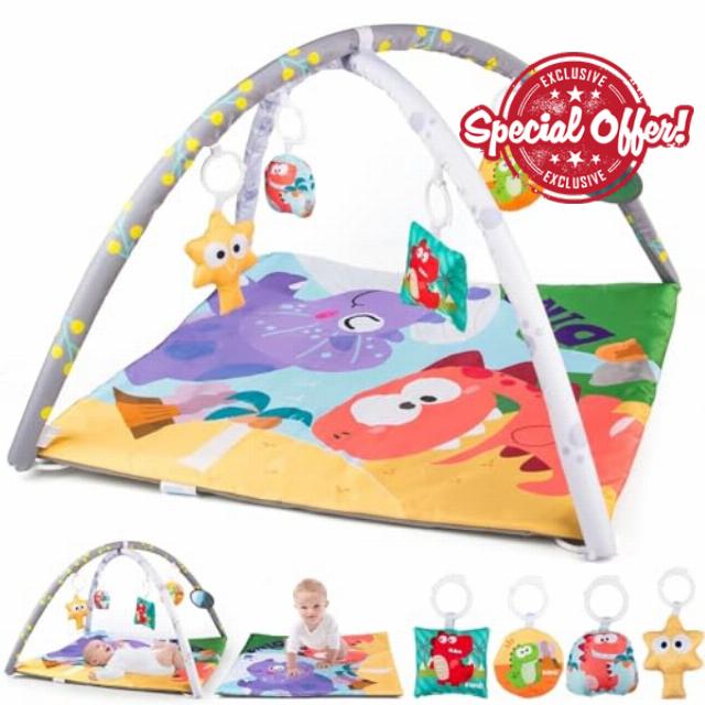 Soft Square Baby Play Mat with Foam Arches & Sensory Toys - Play Gym for Tummy Time