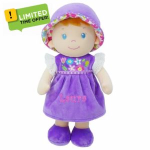 Lullaberry Personalized Soft Dolly Laura - Stuffed Soft Baby Doll for Birth and Up with Custom Name - Purple Dress