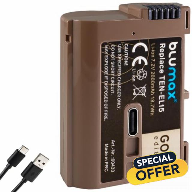 blumax Replacement Battery for Nikon EN-EL15 | 2600mAh -| EN-EL15c EN-EL15b EN-EL15a with USB Type-C Charging Port for Z5 D850 D7500 - Z8 Z7 II Z6 III Zf