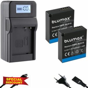 2 x Blumax Replacement Battery for Panasonic DMW-BLG10 / DMW-BLG10E [1025 mAh] + Speed Charger DMW-BLE9 E BP-DC15 E for Lumix DMC-GF6 GX7 III DC-TZ202 G11