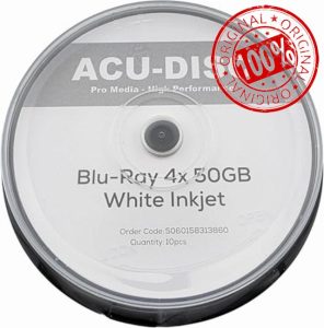ACU-DISC Pro-Series BD-R 50GB 4x HTL Dual Layer DL BDR Full Face White Inkjet Printable Single Layer Recordable Blank Data Blu-Ray Discs Cake Box/Spindle 18223 - 100 Pack