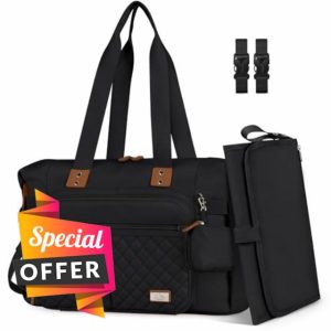 RAINSMORE Baby Changing Bags Nappy Tote Bag Waterproof Baby Diaper Bag for Mom and Dad with Pacifier Holder and Portable Changing Mat Black