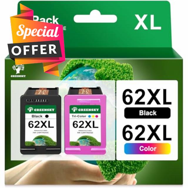 GREENSKY 62XL Ink Cartridges Replacement for HP62 HP 62XL HP 62 Ink Cartridges Twin Pack for HP Envy 5540 5640 5546 5544 7640 5644 5541 5646 5542 OfficeJet 250 200 5740 5742 (1 Black