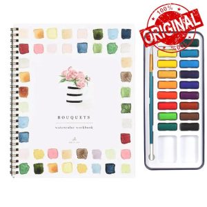 Beginner-Friendly Watercolor Workbook Kit – 44-Page Spiral-Bound Watercolor Painting Book with 18-colors Brushes