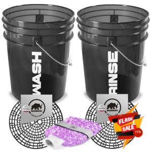 5pc Detailing Car Wash Bucket Set With Wash Guards for Scratch Free Car Cleaning. Includes Microfibre Washmitt. (Black)