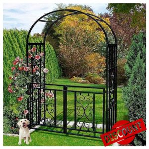 Large Metal Garden Arbor with Gate for Climbing Vines Sturdy Black Archway Stand for Pergola Flowers and More Weather Resistant 114x210x52cm