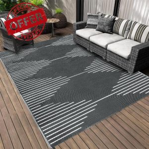 Falflor 150x245cm Reversible Rug for Patios Plastic Outdoor Area Rug Waterproof Garden Floor Carpet Plastic Straw Rug Picnic Blanket for RV Backyard Beach Picnic Balcony(Grey)