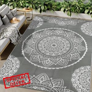 Famibay Large Outdoor Rugs for Garden Waterproof Reversible Outdoor Rug 180 x 270 cm Plastic Straw Rug Patio Carpet UV Resistant Portable Indoor Outdoor Area Rug for RV Balcony Picnic Grey