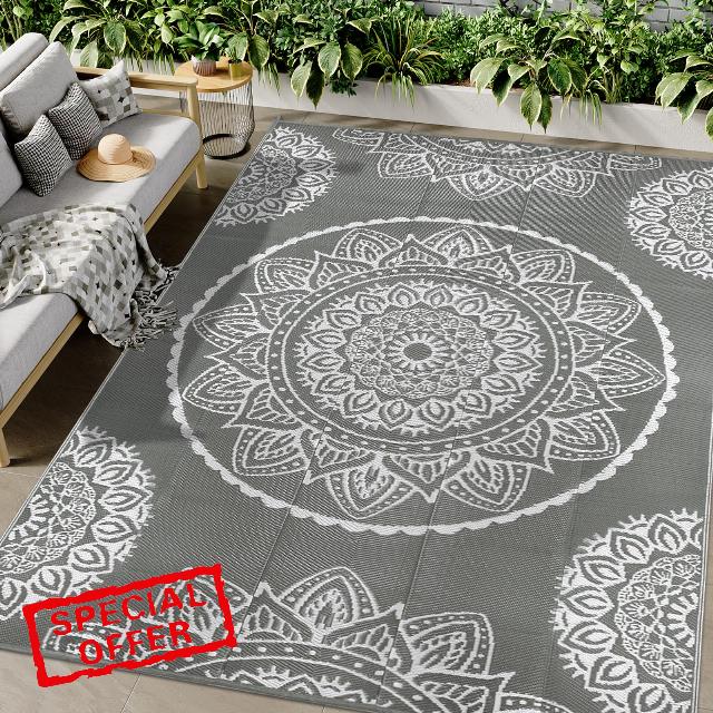Famibay Large Outdoor Rugs for Garden Waterproof Reversible Outdoor Rug 180 x 270 cm Plastic Straw Rug Patio Carpet UV Resistant Portable Indoor Outdoor Area Rug for RV Balcony Picnic Grey